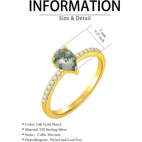 Natura Teardop Moss Agate Rings Gemstone Wedding Engagement Stackable Promise - Picture 5 of 6